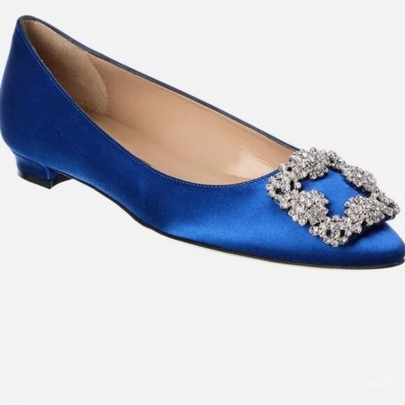 Manolo Blahnik Shoes - MANOLO BLAHNIK | Hangisi Crystal-Buckle Satin Flat 38.5 8.5 BLUE